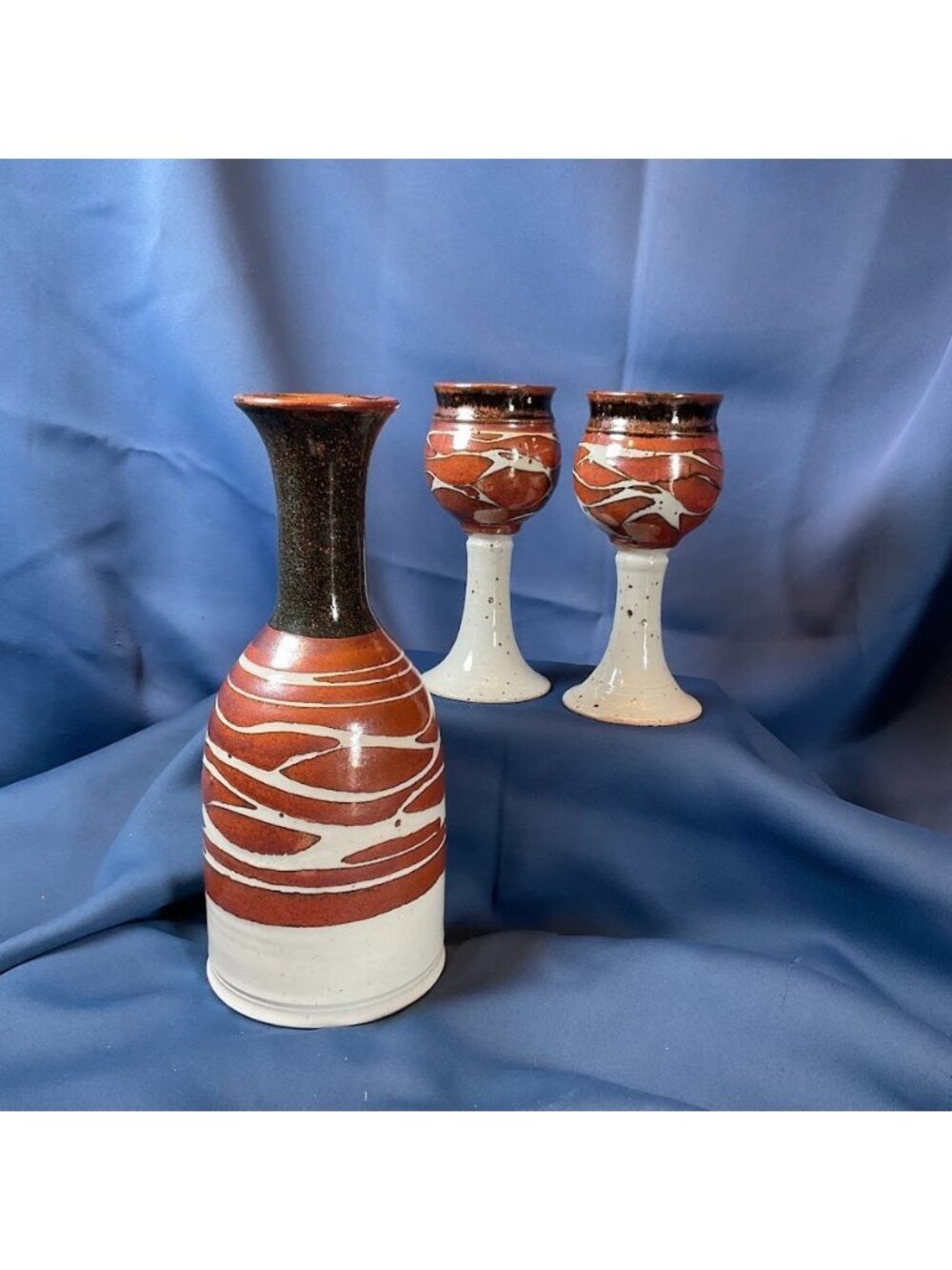 Vintage Studio Pottery Decanter & Goblets Set MCM Handmade Signed